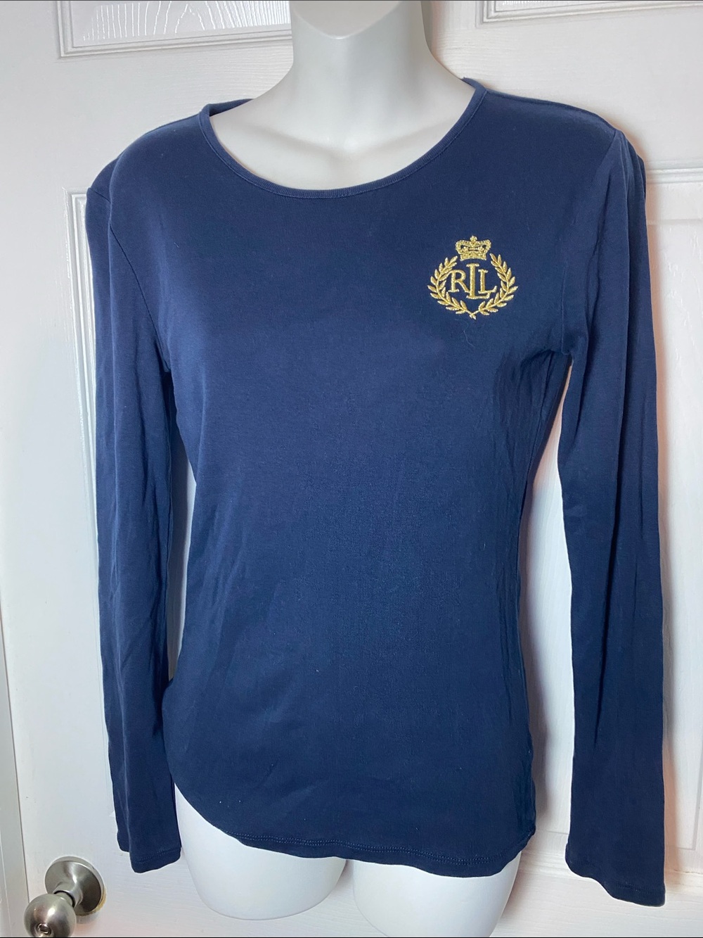 Lauren Ralph Lauren Navy Blue Long Sleeve Crest Graphic Tee - Size Small Cotton